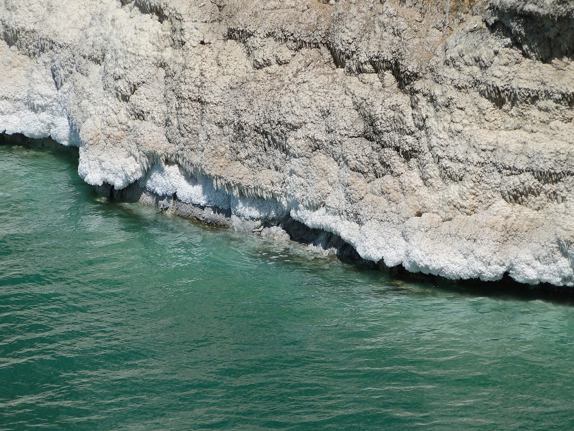 White salt crust along the rocky shore of the Dead Sea in Jordan, above calm green water.